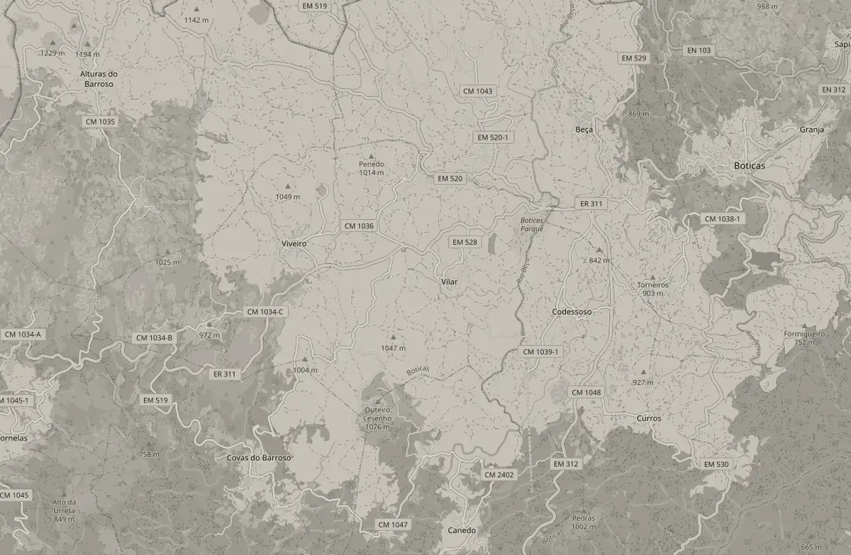 Mapa do concelho de Boticas com os seis locais de rodagem, numerados como na lista abaixo